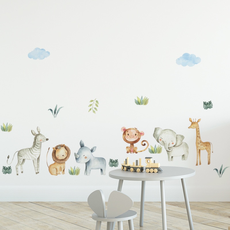 Watercolor Safari Cartoon Animals Jungle Wall Stickers for kids room Baby Nursery Room Decoration PVC wall Decals Living Room